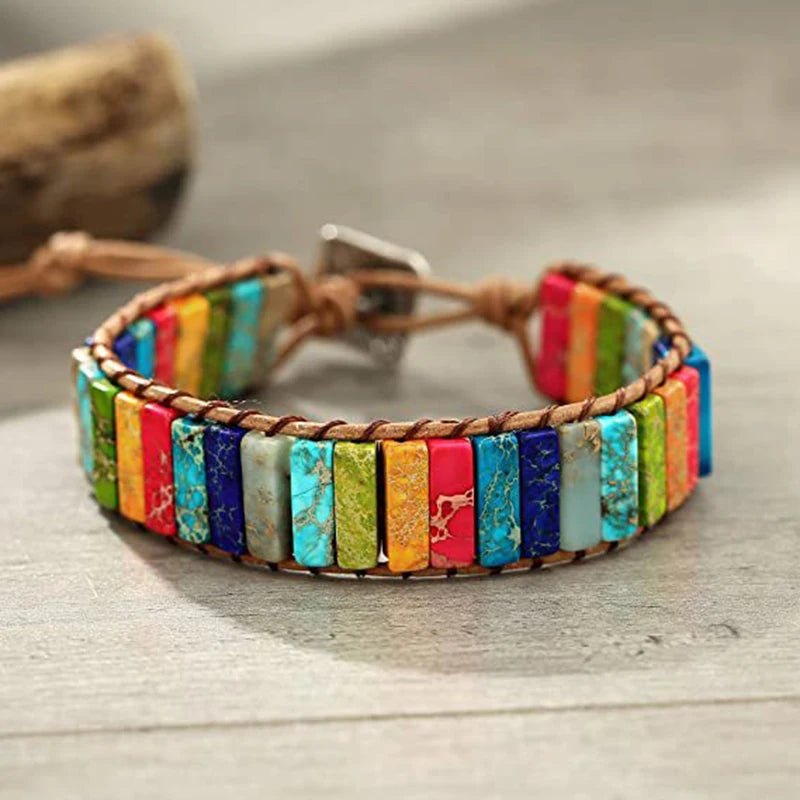 Bohemian Multicolor 7 Chakra Healing Stone Bracelet – Woven Leather Wrap - ClarityOasis.com