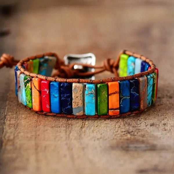 Bohemian Multicolor 7 Chakra Healing Stone Bracelet – Woven Leather Wrap - ClarityOasis.com