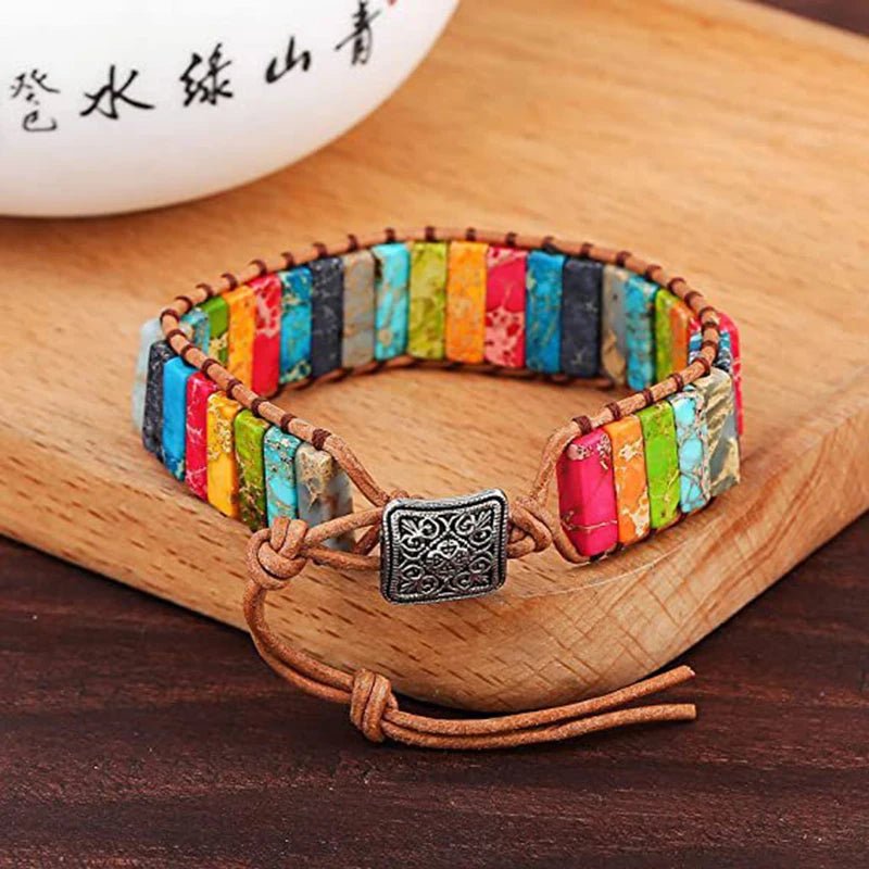 Bohemian Multicolor 7 Chakra Healing Stone Bracelet – Woven Leather Wrap - ClarityOasis.com