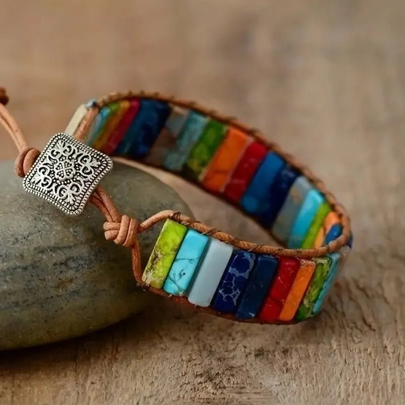 Bohemian Multicolor 7 Chakra Healing Stone Bracelet – Woven Leather Wrap - ClarityOasis.com