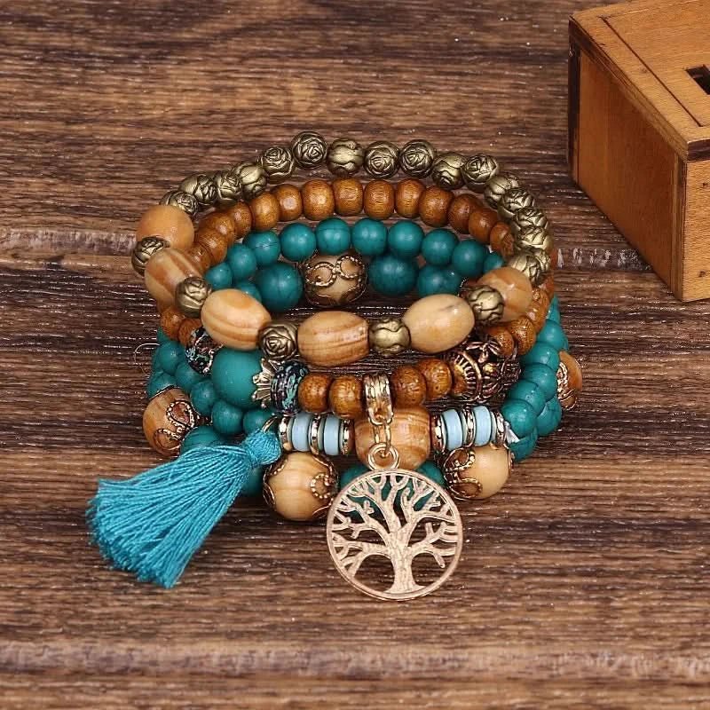 Bohemian Tree of Life Bracelet Set – Vintage Charm & Wood Beads - ClarityOasis.com