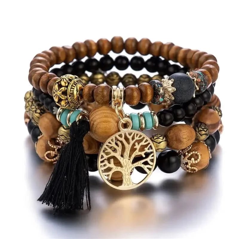 Bohemian Tree of Life Bracelet Set – Vintage Charm & Wood Beads - ClarityOasis.com