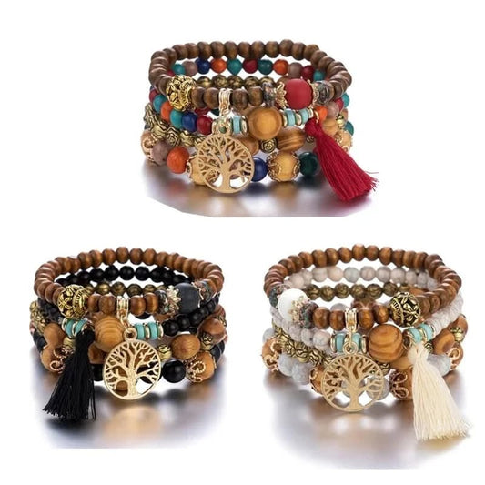 Bohemian Tree of Life Bracelet Set – Vintage Charm & Wood Beads - ClarityOasis.com