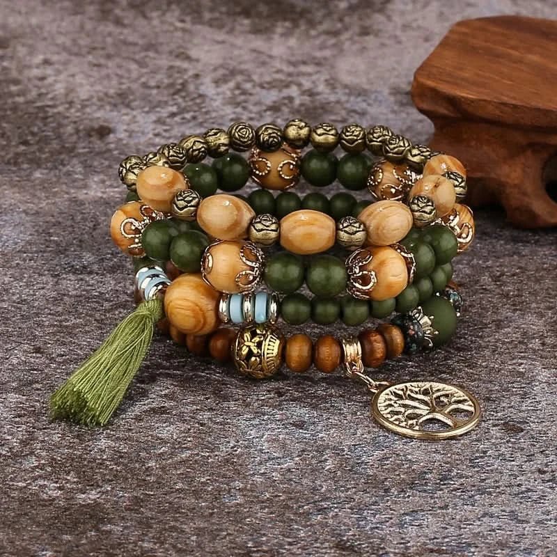 Bohemian Tree of Life Bracelet Set – Vintage Charm & Wood Beads - ClarityOasis.com