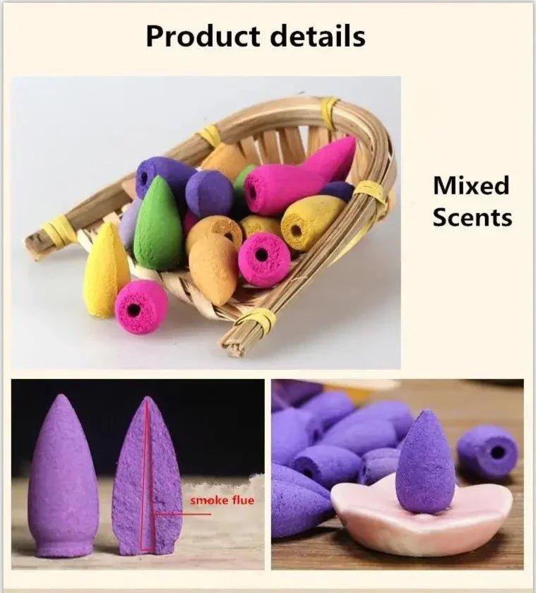 Mixed Natural Incense Cones Rose Jasmine Lavender Osmanthus Sakura | Aromatherapy for Relaxation & Backflow Reflux Tower Incense Burners - ClarityOasis.com