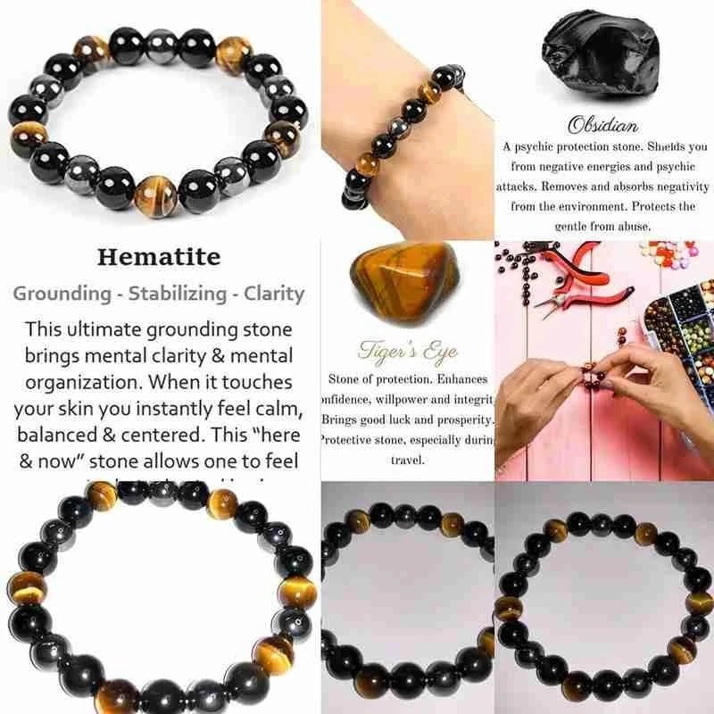 Natural Black Obsidian Hematite & Tiger Eye Bead Bracelet – Magnetic Health & Soul Protection Jewelry - ClarityOasis.com