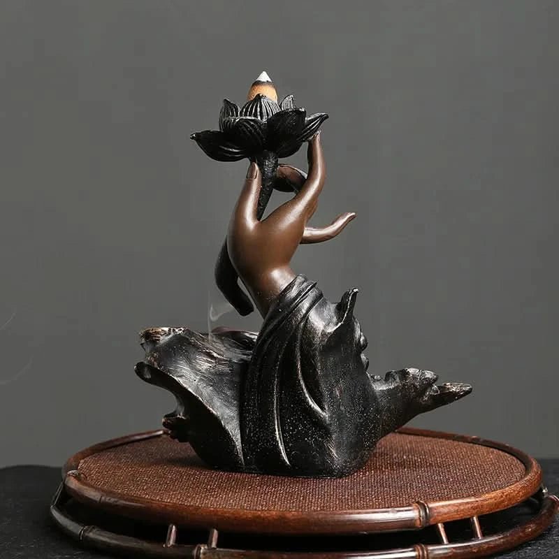 Zen Buddha Hand Resin Incense Burner – Backflow Waterfall Ornament - ClarityOasis.com